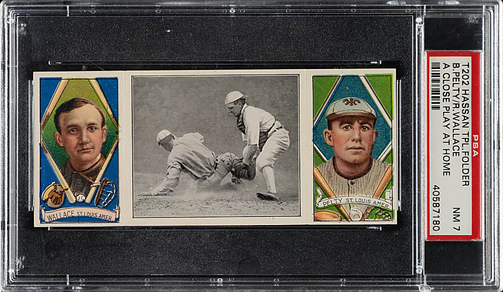 1912 T202 Hassan Triple Folder "A Close Play At Home" Bobby Wallace/Pelty PSA NM 7