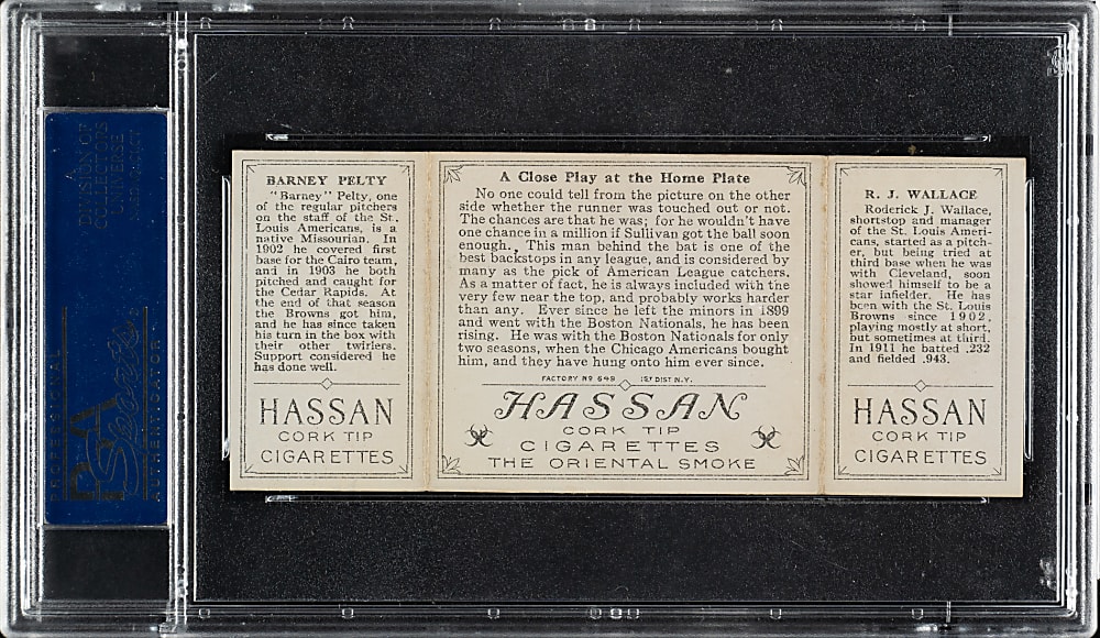 1912 T202 Hassan Triple Folder "A Close Play At Home" Bobby Wallace/Pelty PSA NM 7