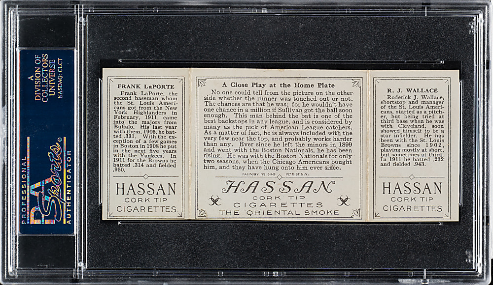 1912 T202 Hassan Triple Folder "A Close Play At Home" Bobby Wallace/LaPorte PSA NM 7