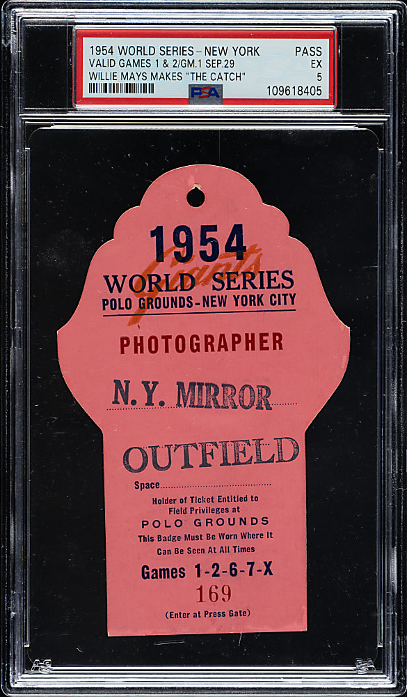 1954 New York Giants (vs. Cleveland Indians) World Series Game 1 & 2 Press Pass PSA EX 5 - Willie Mays Makes "The Catch"