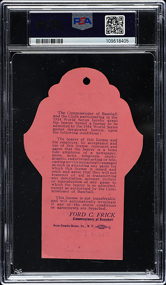 1954 New York Giants (vs. Cleveland Indians) World Series Game 1 & 2 Press Pass PSA EX 5 - Willie Mays Makes "The Catch"