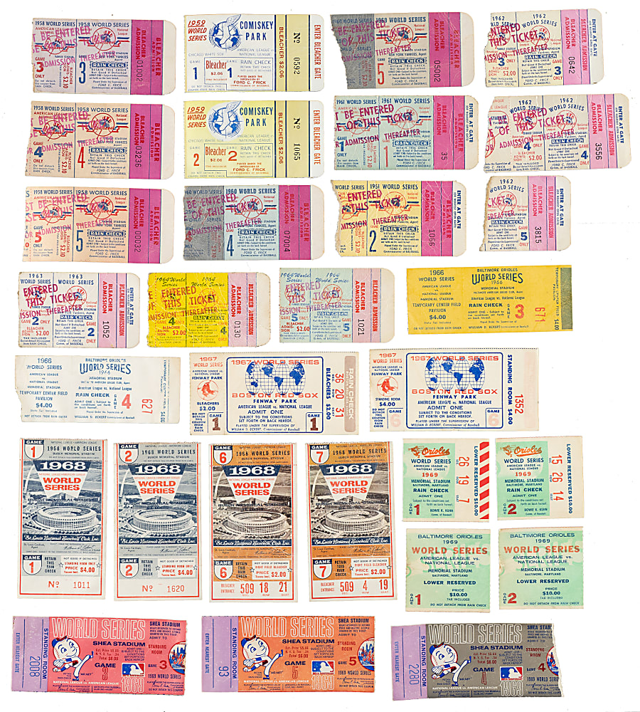 1958 to 1969 World Series Ticket Stub Collection (32) Including Mantle Home Runs, Ryan Save, Koufax and Gibson Complete Games