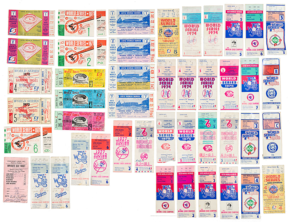 1970 to 1984 World Series Ticket Stub Collection (49) Including Clemente Home Runs, Jackson Three-HR Game, and Mays' Last Game