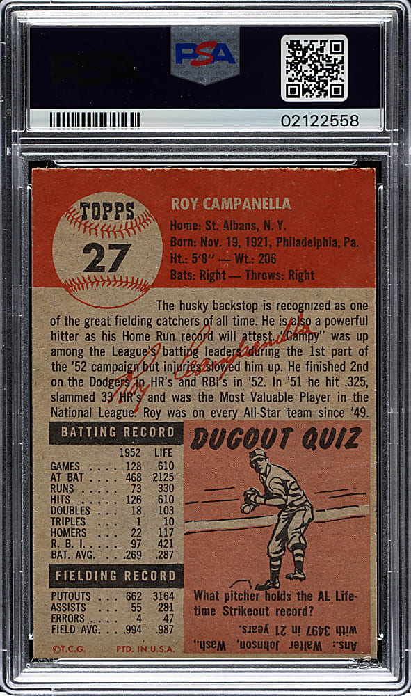 1953 Topps #27 Roy Campanella PSA MINT 9