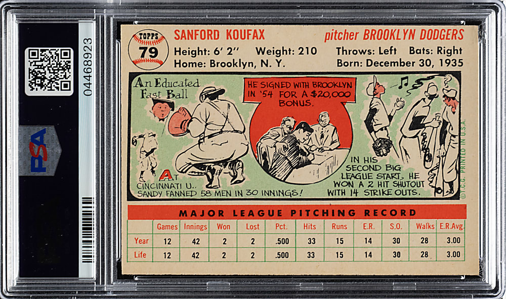 1956 Topps #79 Sandy Koufax White Back PSA NM-MT 8