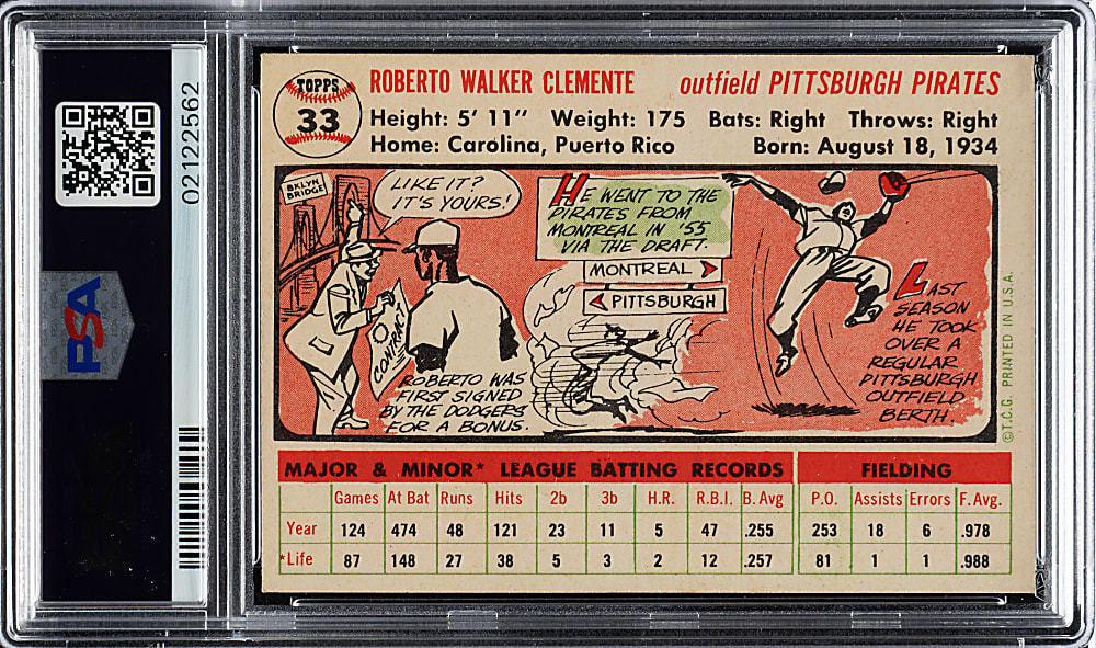 1956 Topps #33 Roberto Clemente White Back PSA NM-MT 8