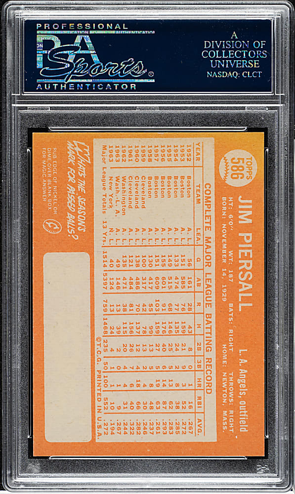 1964 Topps #586 Jim Piersall PSA GEM MINT 10 - 1 of 2!