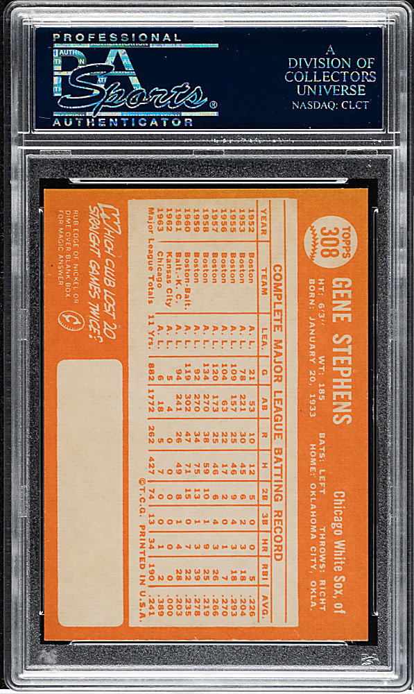 1964 Topps #308 Gene Stephens PSA GEM MINT 10 - 1 of 4!