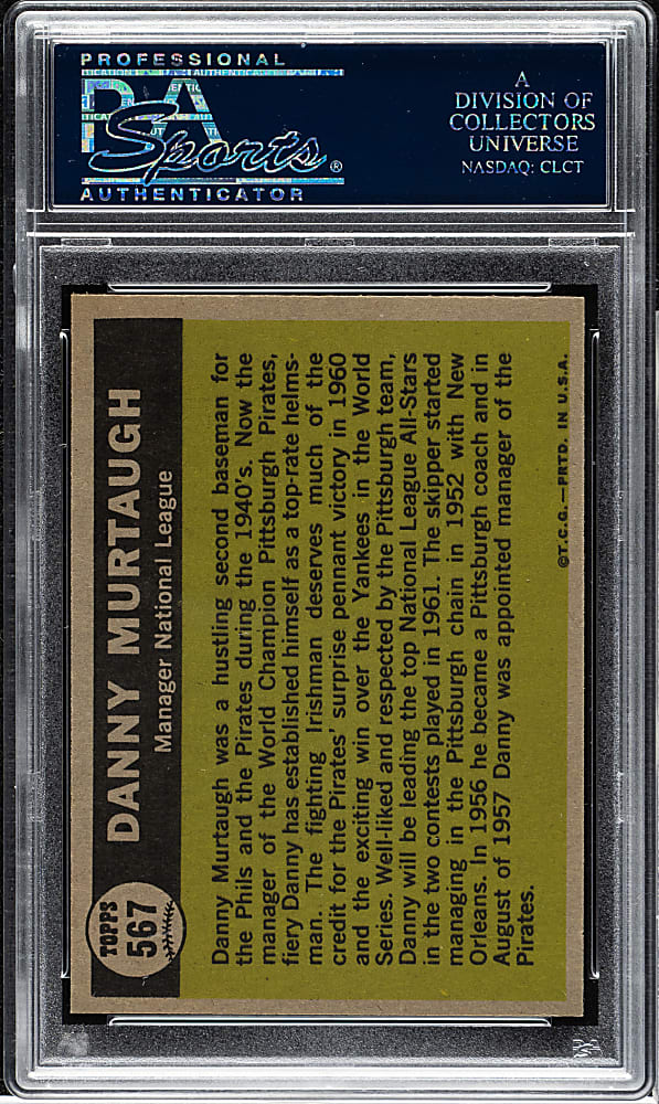 1961 Topps #567 Danny Murtaugh All-Star PSA GEM MINT 10 - 1 of 4!