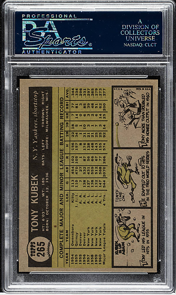 1961 Topps #265 Tony Kubek PSA MINT 9