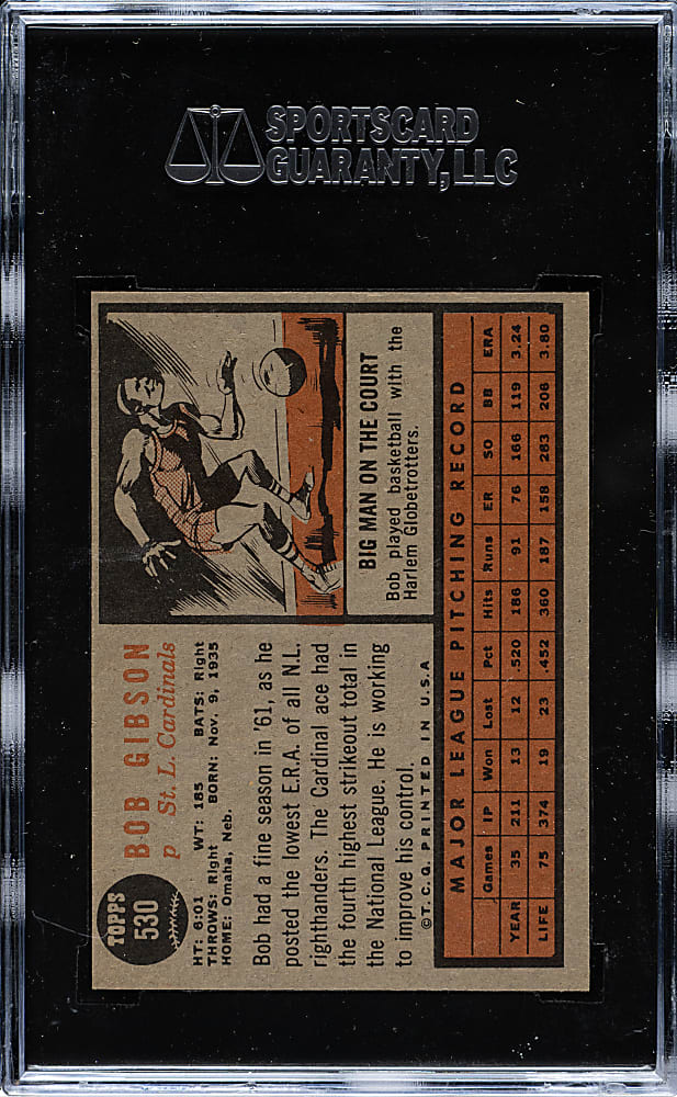 1962 Topps #530 Bob Gibson SGC MINT 96 - Highest Graded!
