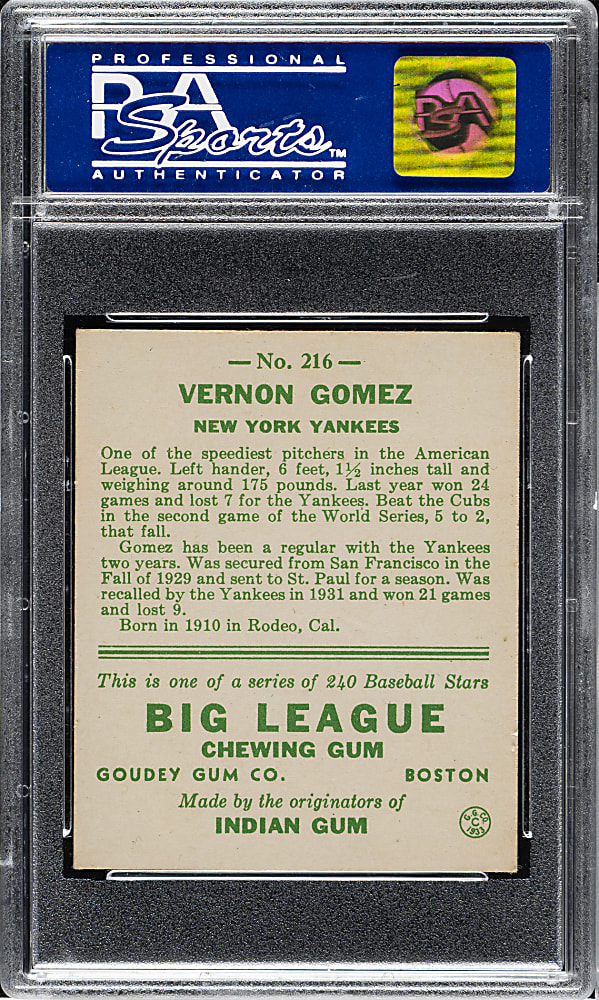 1933 R319 Goudey #216 Vernon "Lefty" Gomez PSA NM 7