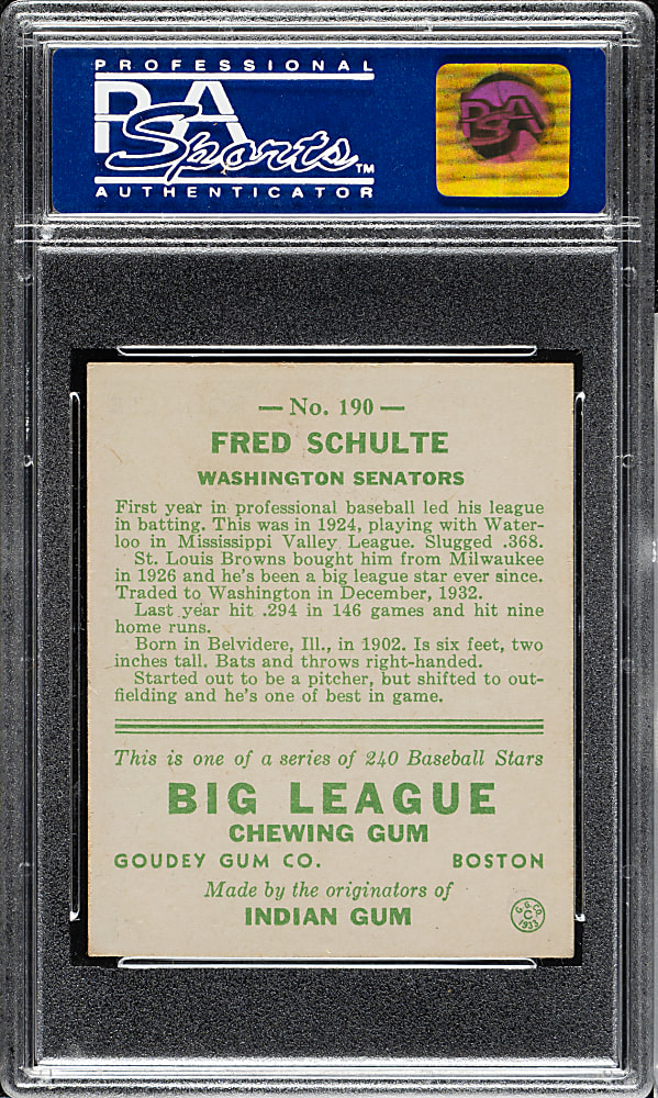 1933 R319 Goudey #190 Fred Schulte PSA NM 7
