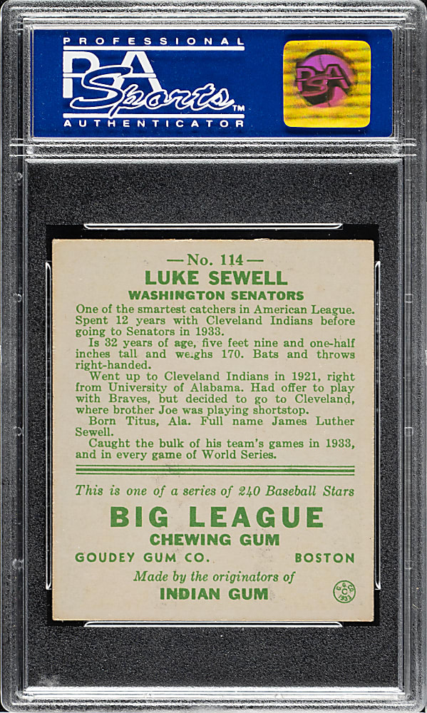 1933 R319 Goudey #114 Luke Sewell PSA NM 7