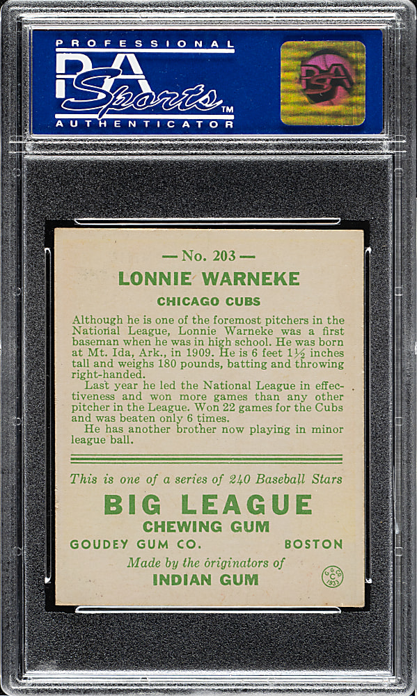 1933 R319 Goudey #203 Lonnie Warneke PSA NM 7