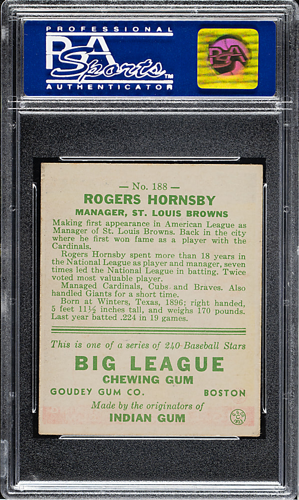 1933 R319 Goudey #188 Rogers Hornsby PSA EX-MT 6