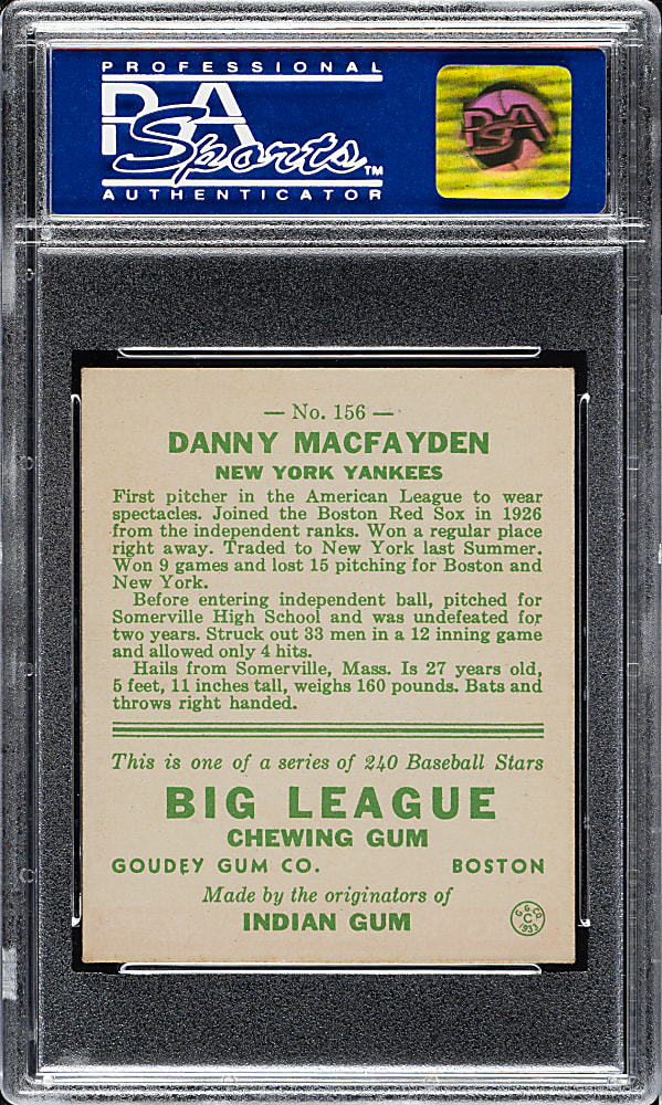 1933 R319 Goudey #156 Danny MacFayden PSA NM 7
