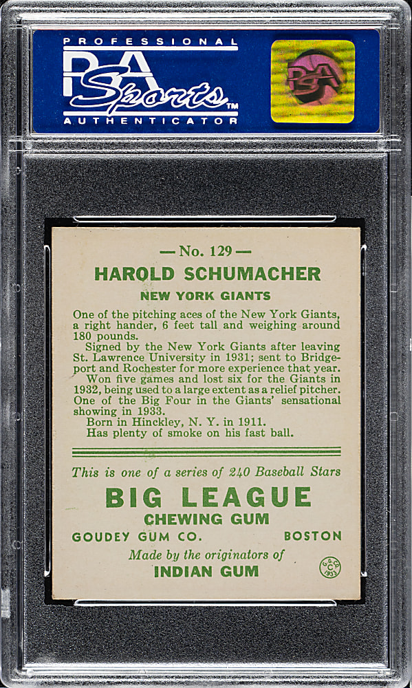 1933 R319 Goudey #129 Harold Schumacher PSA NM 7