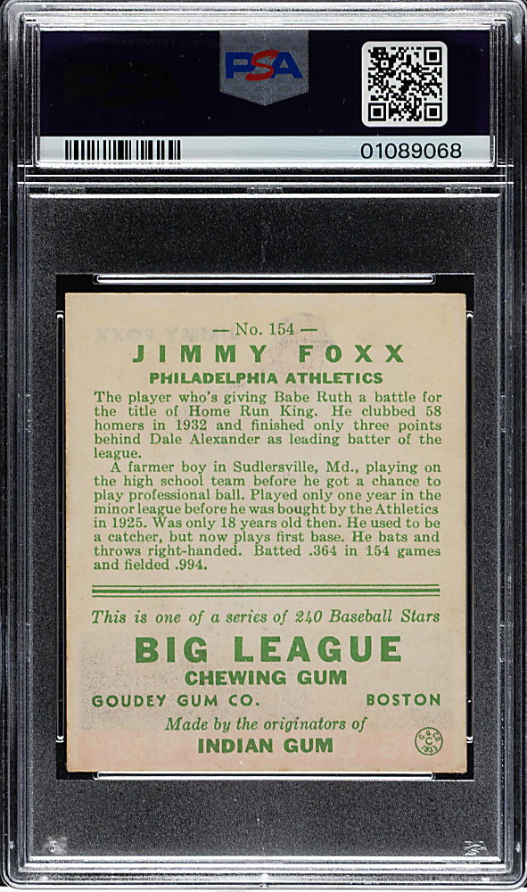 1933 R319 Goudey #154 Jimmie Foxx PSA NM 7