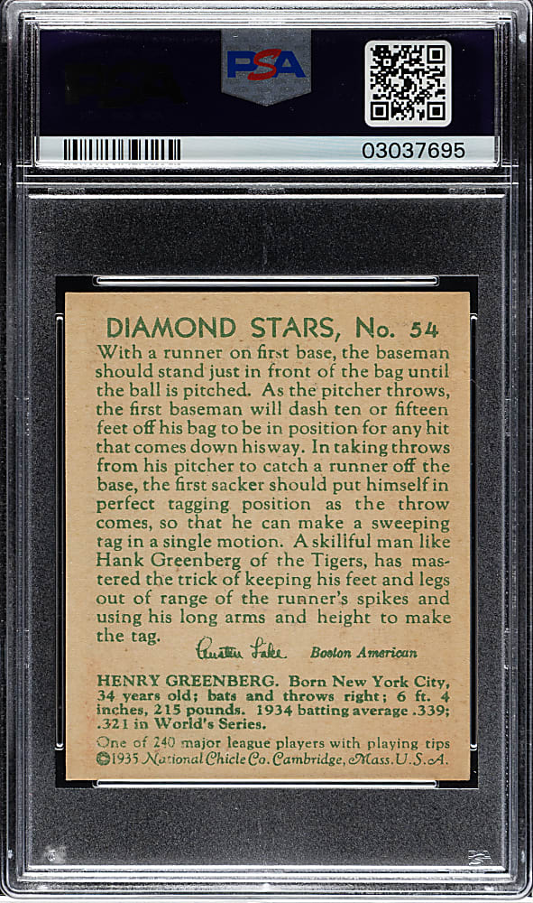 1934-1936 R327 Diamond Stars #54 Hank Greenberg PSA NM-MT 8