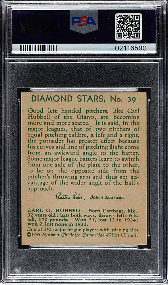 1934-1936 R327 Diamond Stars #39 Carl Hubbell PSA MINT 9 - Highest Graded!