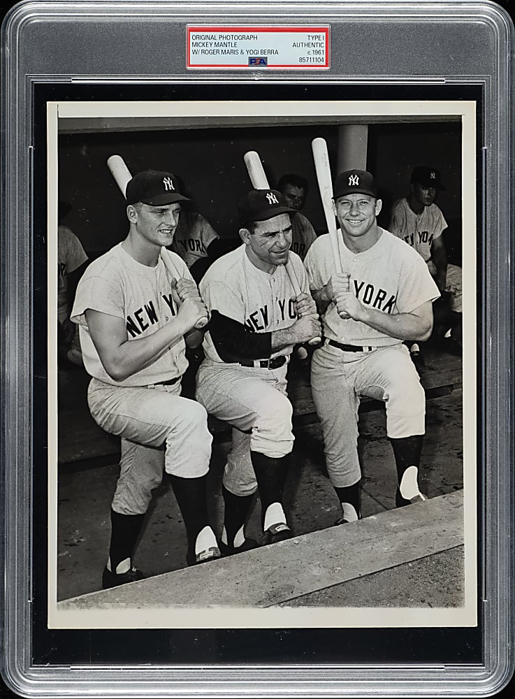 Circa 1961 Mickey Mantle, Roger Maris, and Yogi Berra Original Photograph PSA/DNA Type I