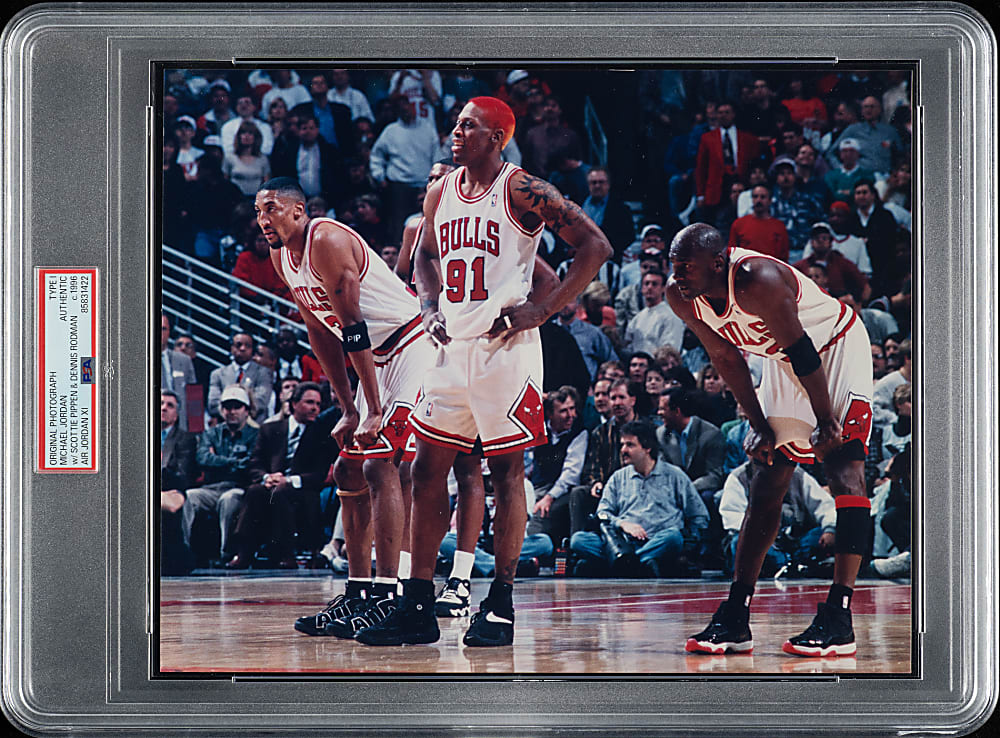 Circa 1996 Michael Jordan, Scottie Pippen, and Dennis Rodman Original Photograph PSA/DNA Type I