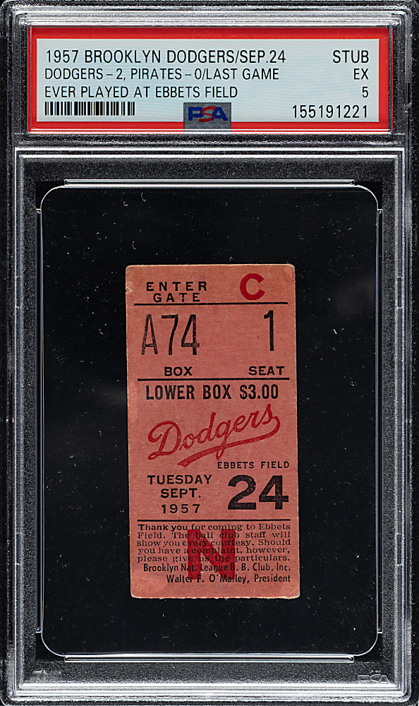 September 24, 1957 Brooklyn Dodgers (vs. Pittsburgh Pirates) Ticket Stub PSA EX 5 - Highest Graded - Last Game at Ebbets Field!