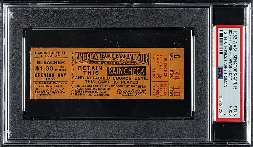 April 15, 1952 Washington Senators (vs. Boston Red Sox) Opening Day Ticket Stub PSA GOOD 2 - Harry Truman Throws First Pitch