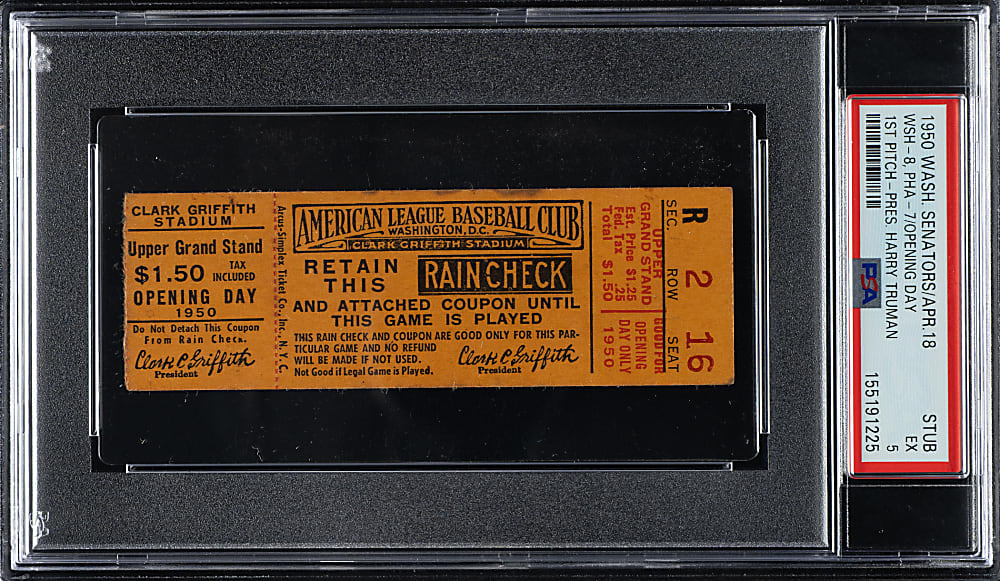 April 18, 1950 Washington Senators (vs. Philadelphia Athletics) Opening Day Ticket Stub PSA EX 5 - 1 of 1 - Highest Graded - Harry Truman Throws First Pitch