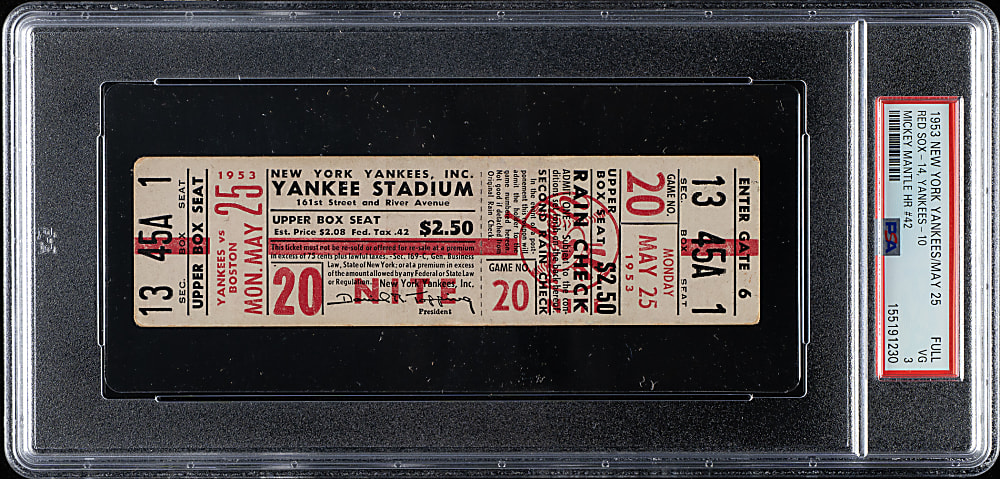 May 25, 1953 New York Yankees (vs. Boston Red Sox) Full Ticket PSA VG 3 - Highest Graded - Mickey Mantle Home Run #42