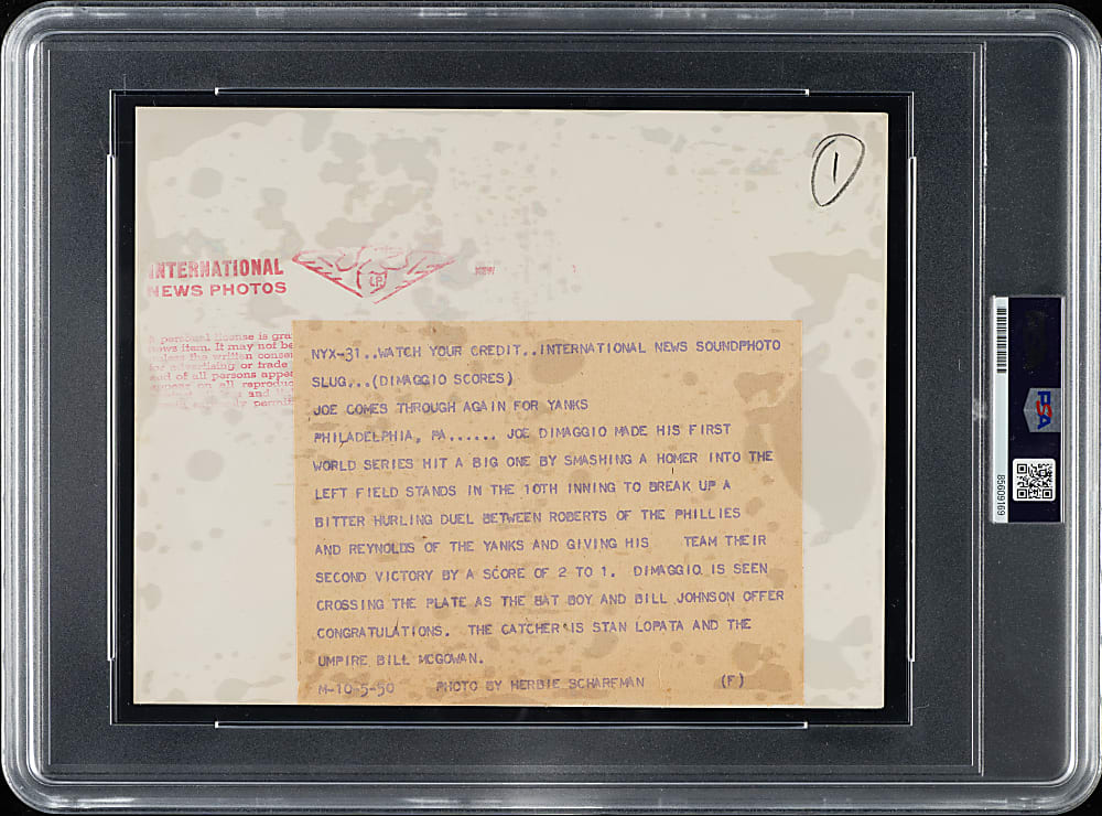 1950 Joe DiMaggio Game Winning World Series Home Run Vintage International News Photograph PSA/DNA Type III