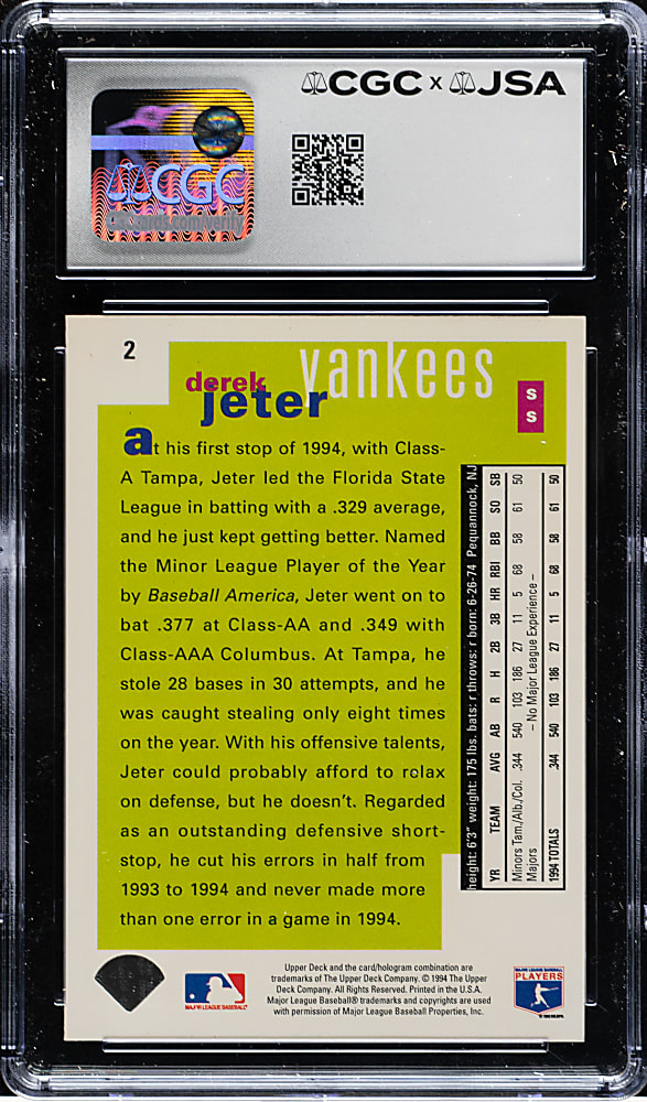 Signed 1995 Collector's Choice Special Edition #2 Derek Jeter CGC/JSA GEM MINT 10 Signature