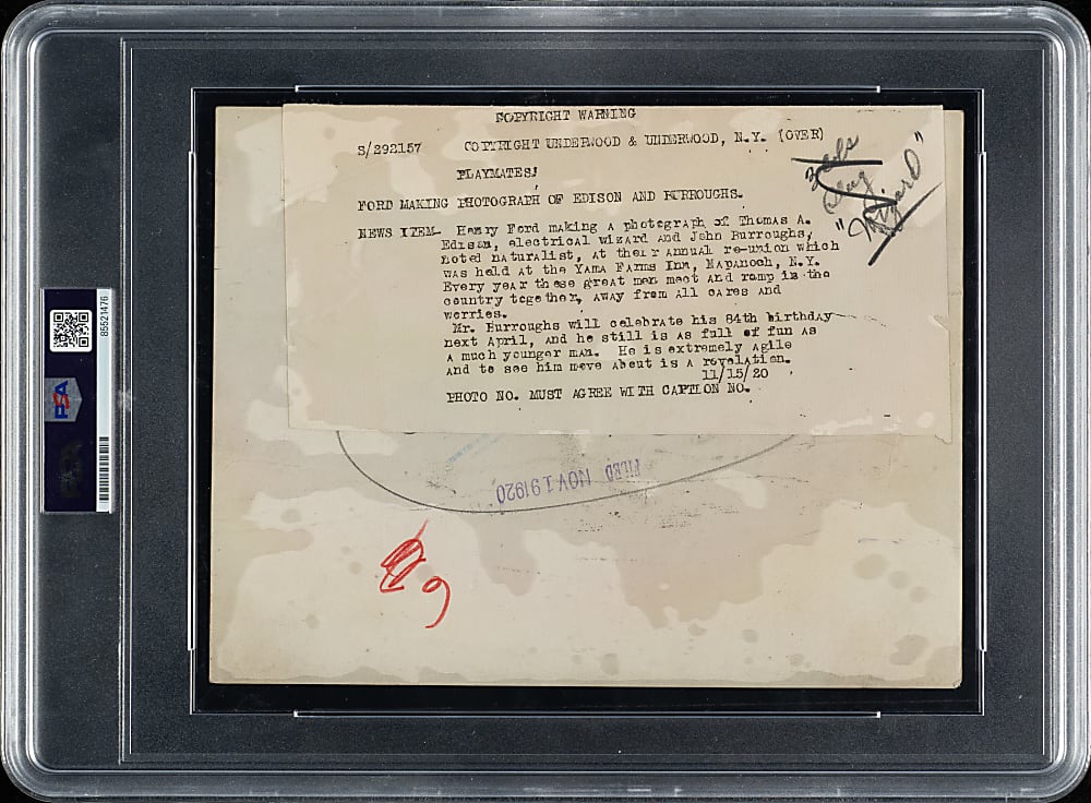 1920 Henry Ford, Thomas Edison, and John Burroughs Original Underwood & Underwood Photograph PSA/DNA Type I