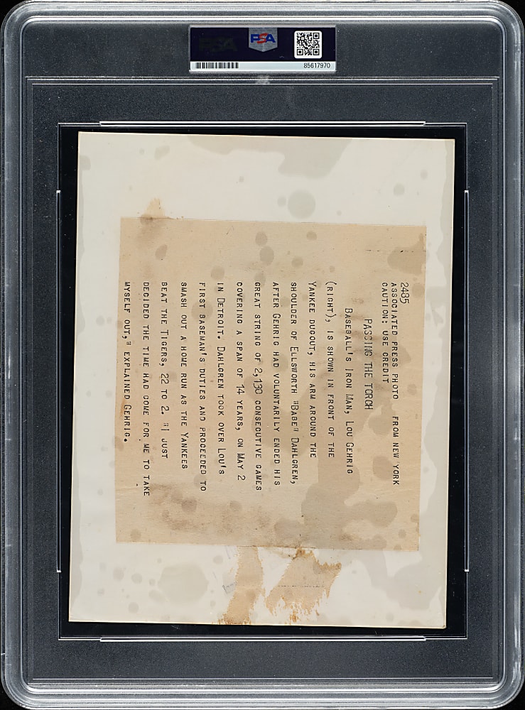 1939 Lou Gehrig Streak Ends at 2130 Original Associated Press Photograph PSA/DNA Type I