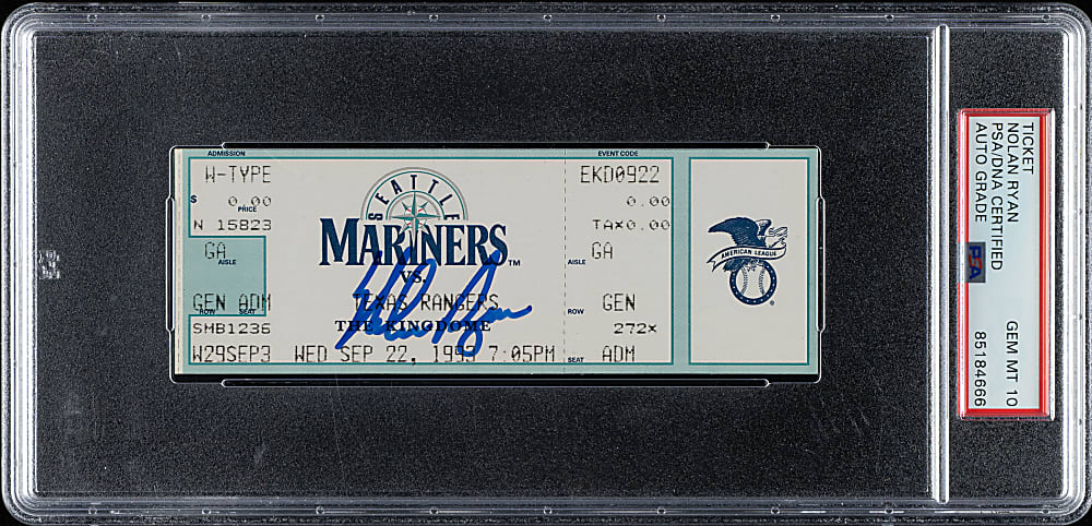 September 22, 1993 Seattle Mariners (vs. Texas Rangers) Ticket Stub Signed by Nolan Ryan PSA/DNA GEM MINT 10 - Nolan Ryan Last Game