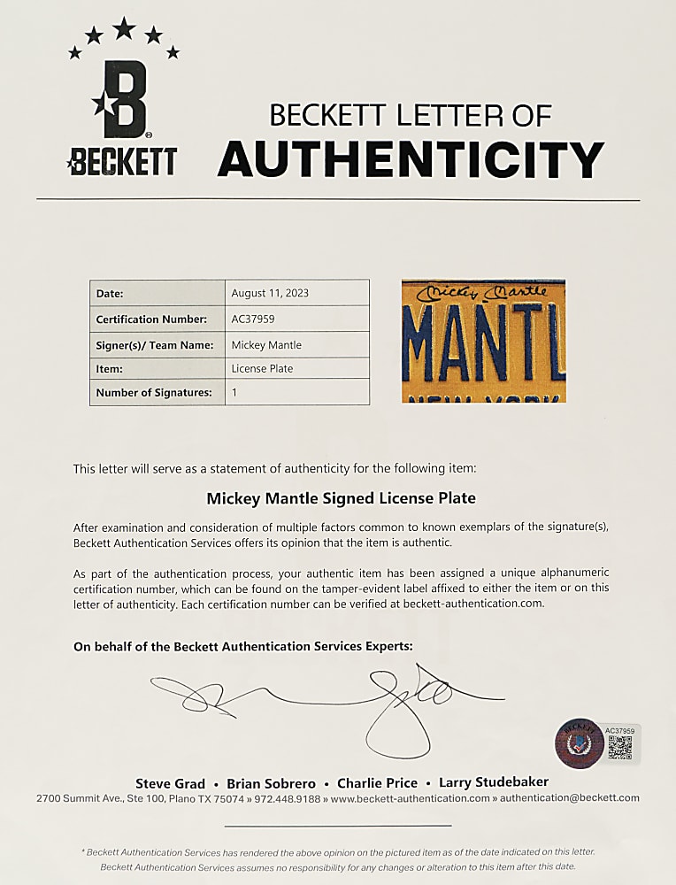 Mickey Mantle Signed License Plate - Beckett