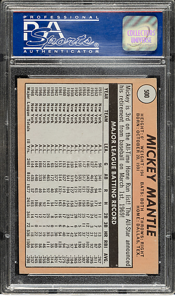 1969 Topps #500 Mickey Mantle White Letter Variation PSA VG-EX 4
