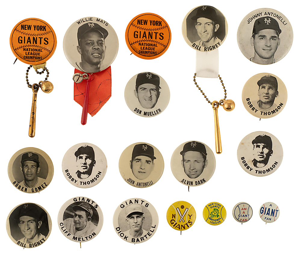 1940s to 1950s New York Giants Pin Collection (25) Including Willie Mays and Monte Irvin
