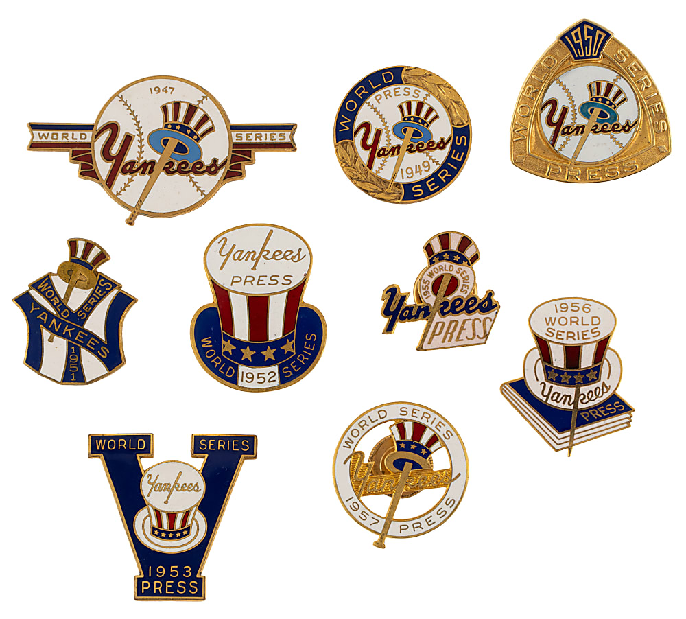 1947 to 1957 New York Yankees World Series Press Pin Collection (9) Including Mickey Mantle Rookie Year and First World Series!
