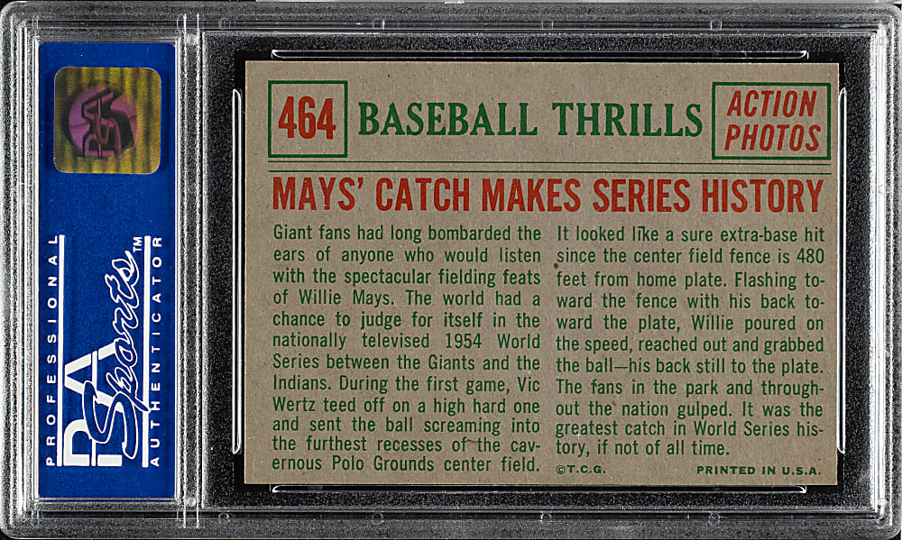 1959 Topps #464 Willie Mays' Catch Makes Series History PSA MINT 9 (OC)