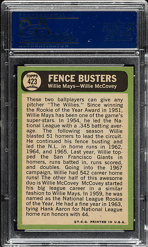 1967 Topps #423 Fence Busters with Willie Mays and Willie McCovey PSA NM-MT 8