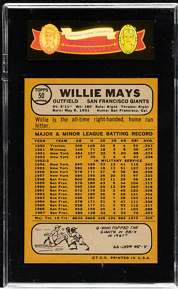 1968 Topps #50 Willie Mays SGC NM/MT+ 92