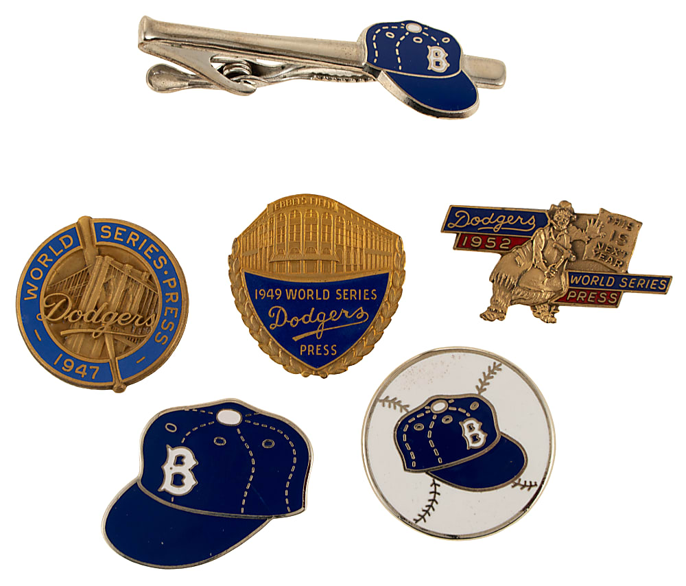 1947 to 1956 Brooklyn Dodgers World Series Press Pin Collection (6) Including Jackie Robinson Rookie Year and First World Series!