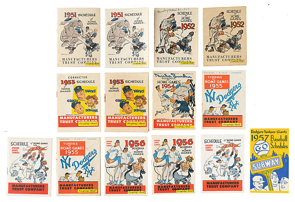 1951 to 1957 Manufacturers Trust Company Yankees, Dodgers, and Giants Pocket Schedule Booklets Collection (18)