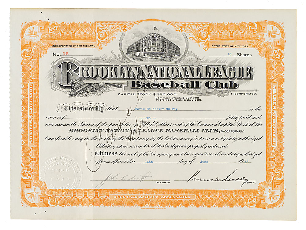 1948 Branch Rickey Signed Brooklyn Dodgers Stock Certificate - JSA