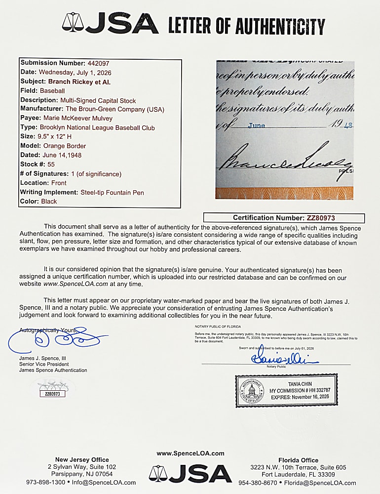 1948 Branch Rickey Signed Brooklyn Dodgers Stock Certificate - JSA