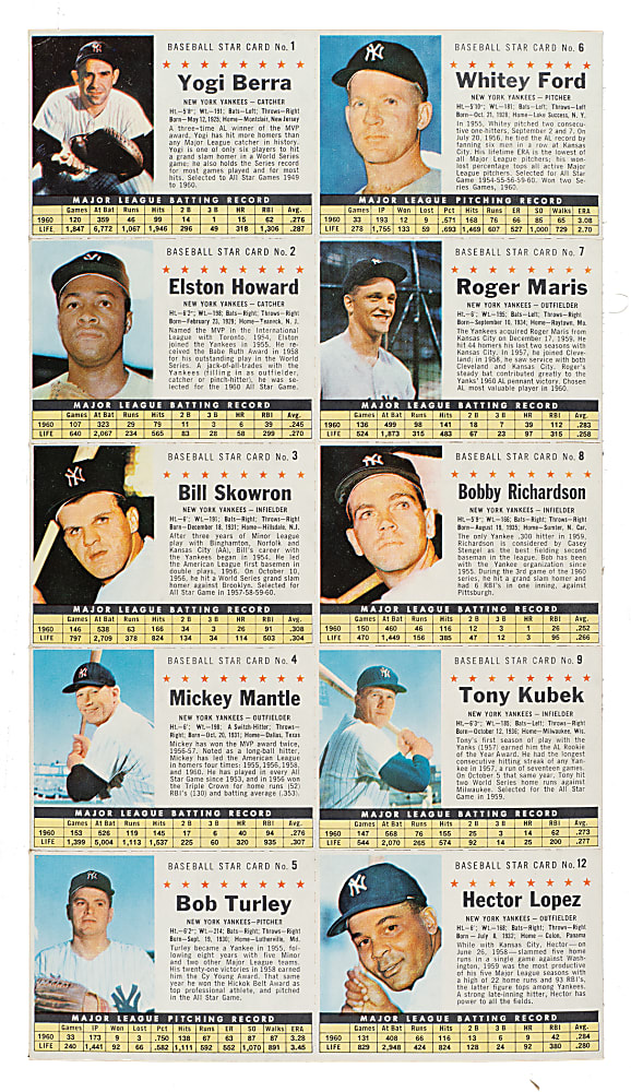 1961 Post Cereal New York Yankees Uncut Team Sheet with Berra, Ford, Mantle and Maris