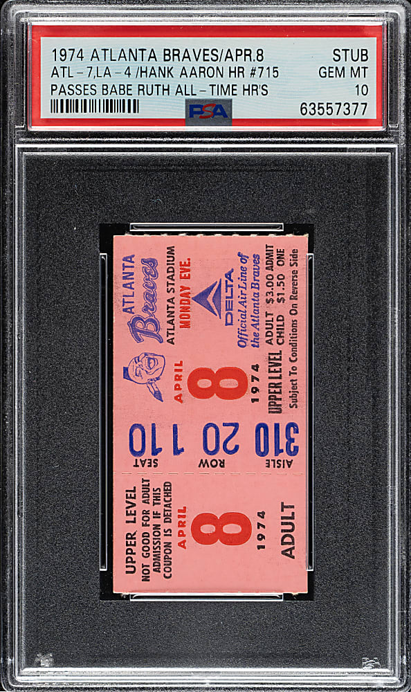 April 8, 1974 Atlanta Braves (vs. Los Angeles Dodgers) Ticket Stub PSA GEM MINT 10 - Hank Aaron Home Run #715 - Passes Babe Ruth for Most All-Time!
