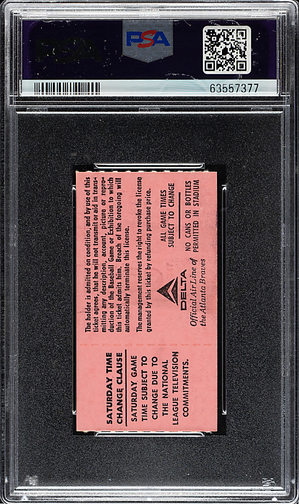 April 8, 1974 Atlanta Braves (vs. Los Angeles Dodgers) Ticket Stub PSA GEM MINT 10 - Hank Aaron Home Run #715 - Passes Babe Ruth for Most All-Time!